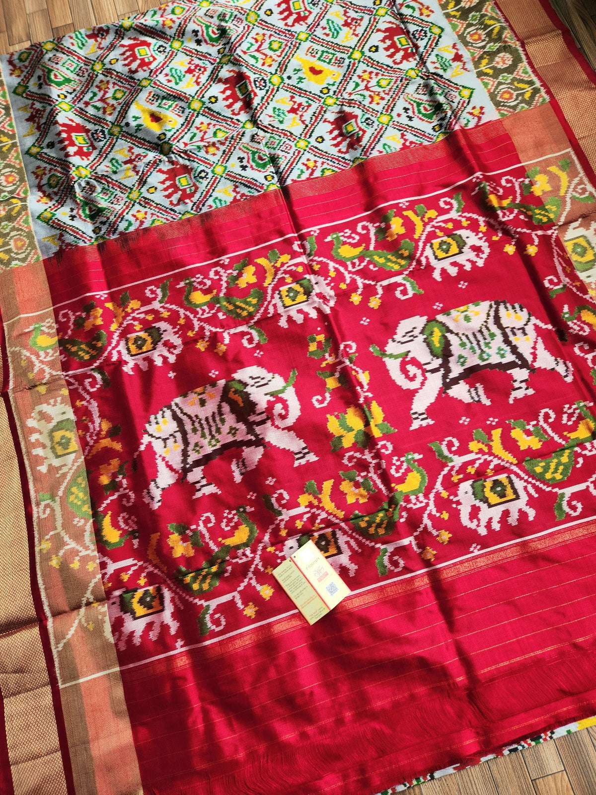 IKAT SILK SAREE wedding shopping Red green saree auspicious look Jungle book saree gajja elephants