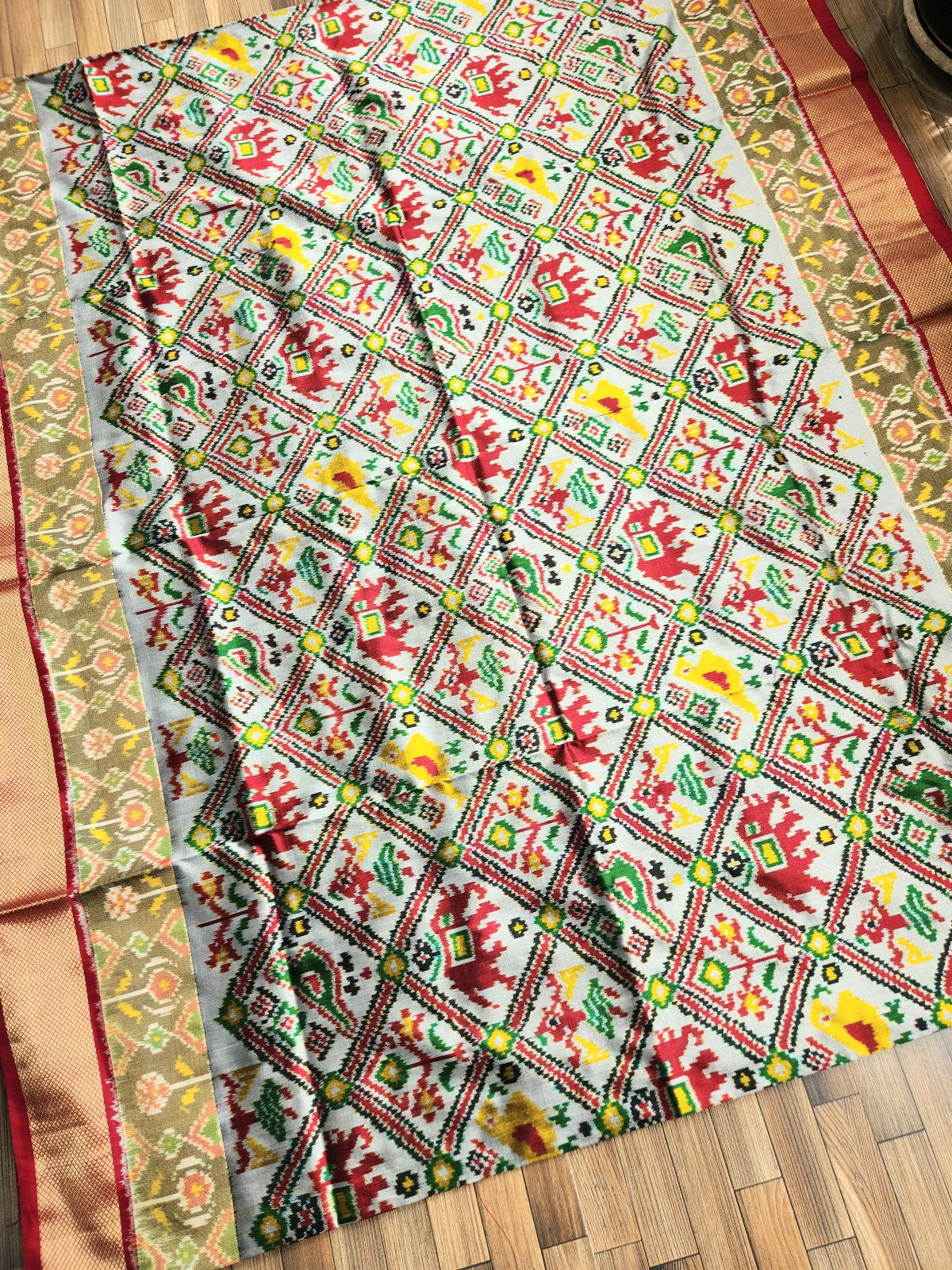 IKAT SILK SAREE wedding shopping Red green saree auspicious look Jungle book saree gajja elephants