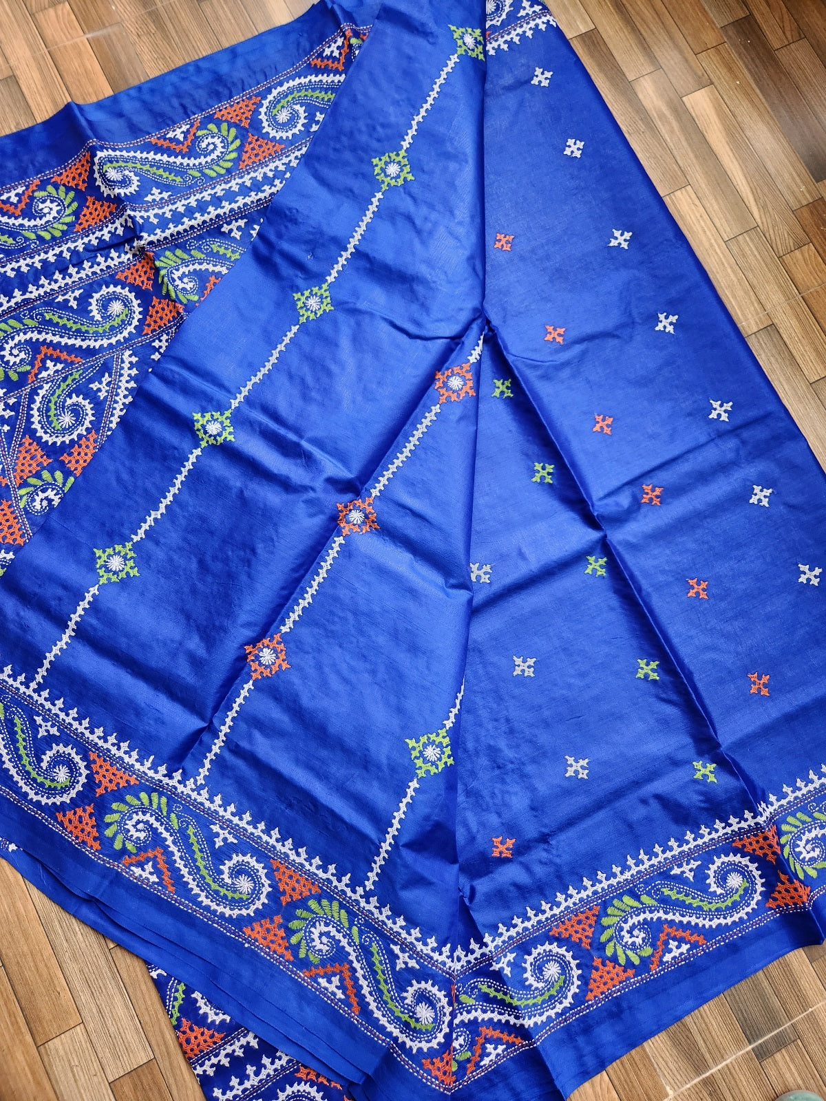 Blue silk saree handmade kutchwork saree kutchibharat