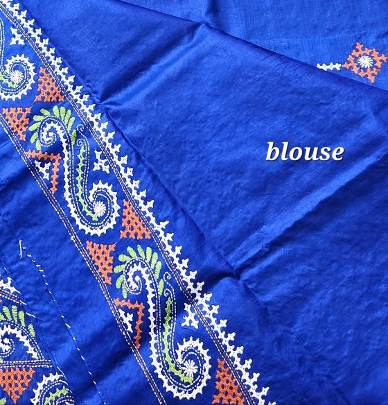 Blue silk saree handmade kutchwork saree kutchibharat