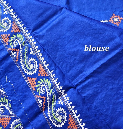 Blue silk saree handmade kutchwork saree kutchibharat