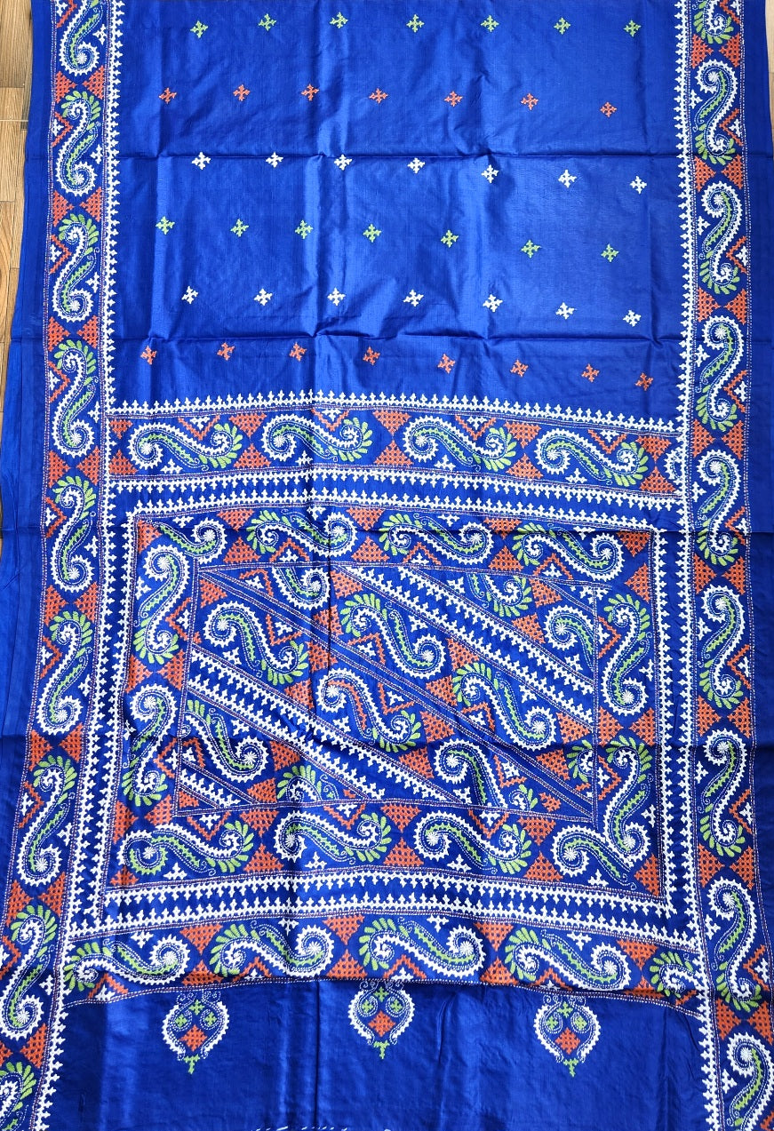 Blue silk saree handmade kutchwork saree kutchibharat