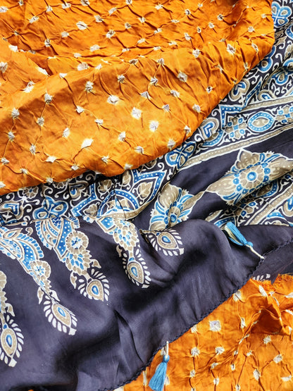 ajrakh saree indian sarees ajrakh bandhani yellow saree festival shopping haldioutfit