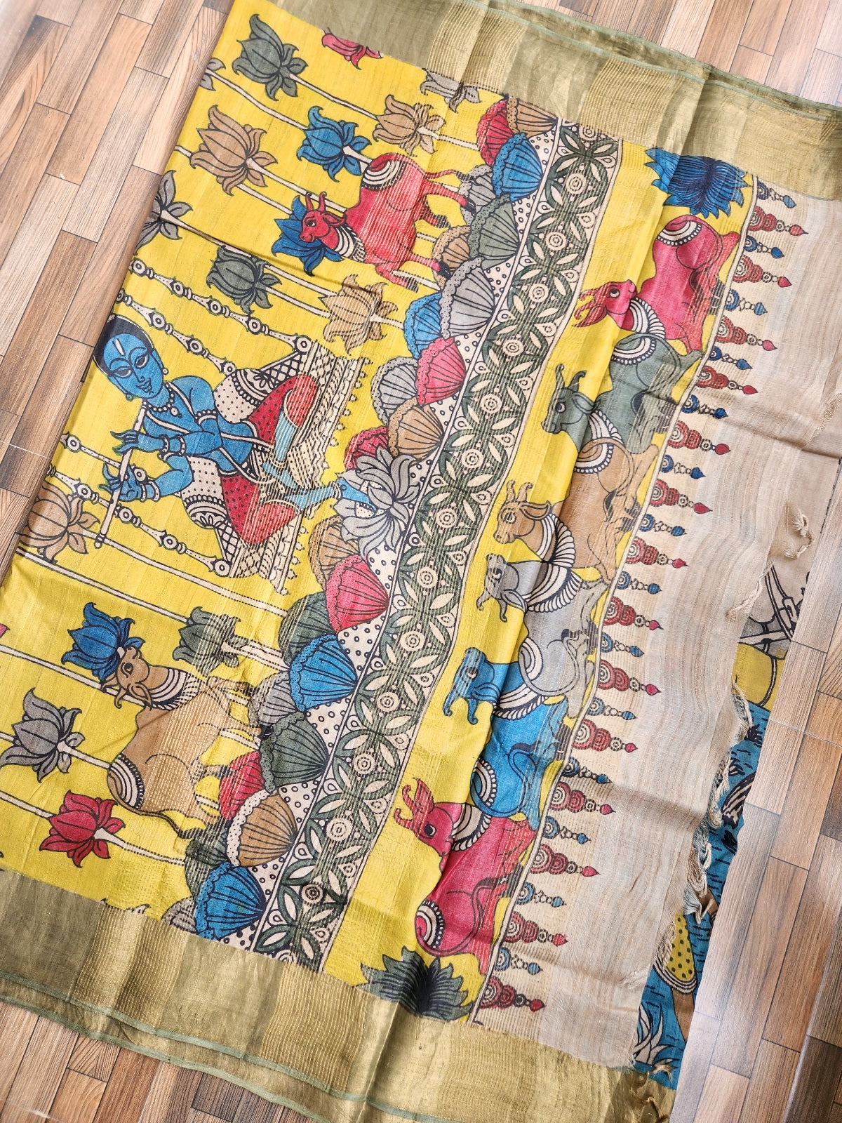 Pen kalamkari kalamkari sarees tussar silk kalahasti yellow saree HALDI outfit haldi look wedding saree