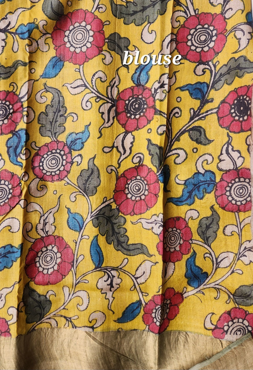 Pen kalamkari kalamkari sarees tussar silk kalahasti yellow saree HALDI outfit haldi look wedding saree