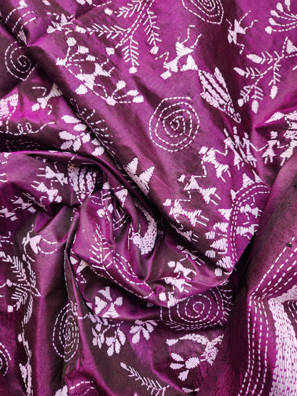 WARLI DUPATTA silkdupatta Purple dupattaonline warli handembroidery shekantha kantha dupatta