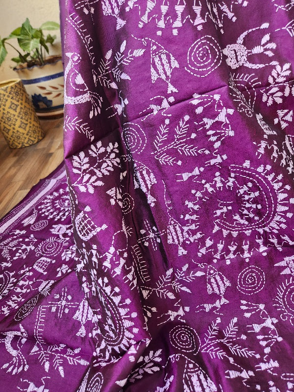 WARLI DUPATTA silkdupatta Purple dupattaonline warli handembroidery shekantha kantha dupatta