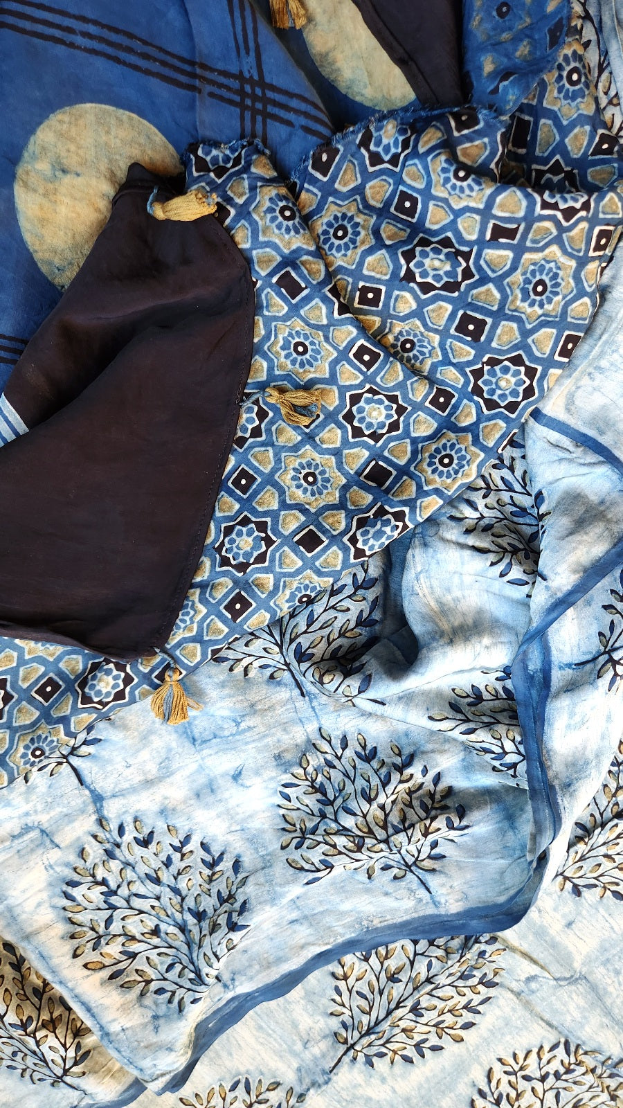 Ajrakh saree, blue saree, officewear, modal silk