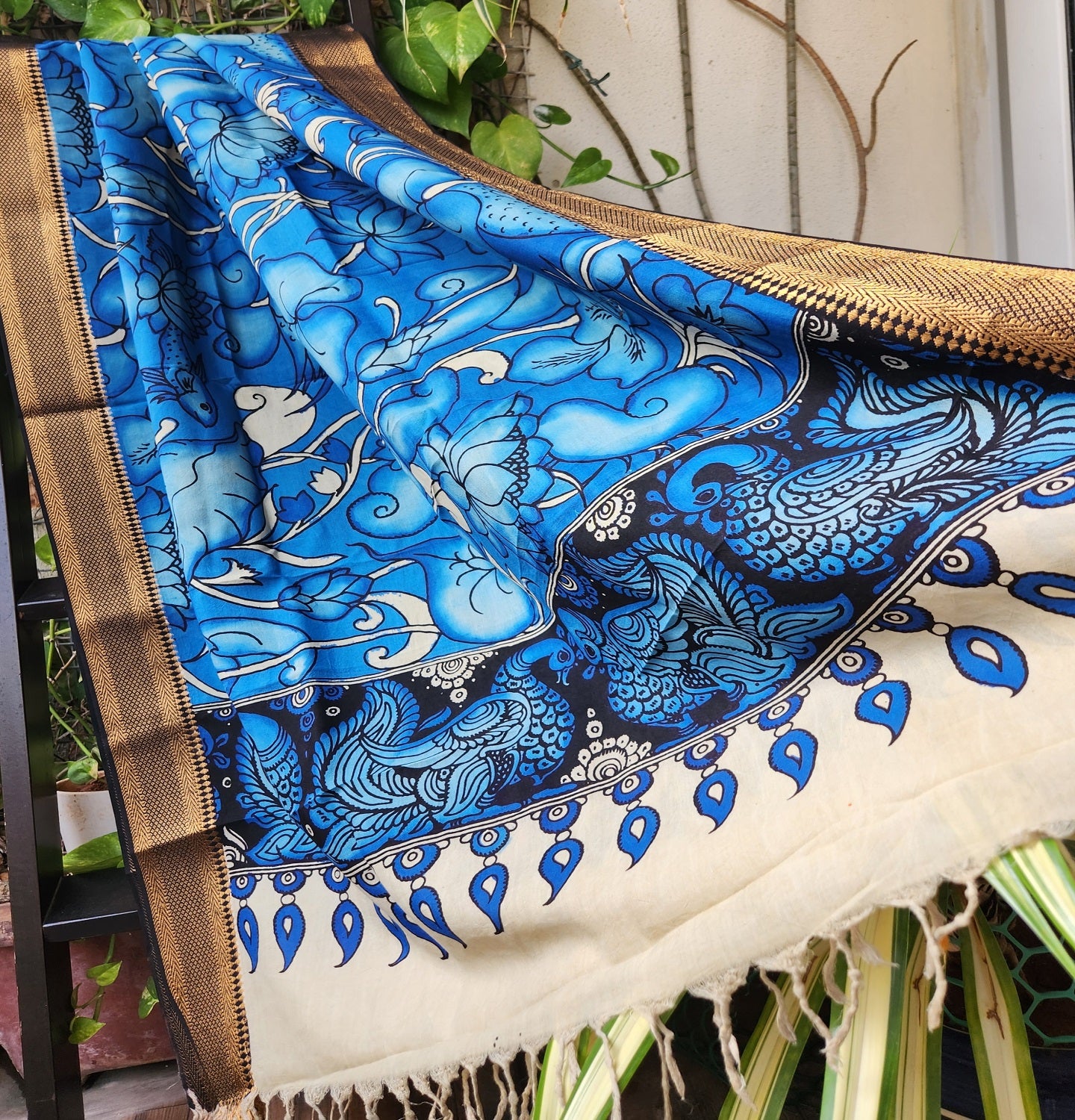 pen kalamkari silk dupatta Blue dupatta Indian gifts rakhi gifts