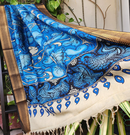pen kalamkari silk dupatta Blue dupatta Indian gifts rakhi gifts