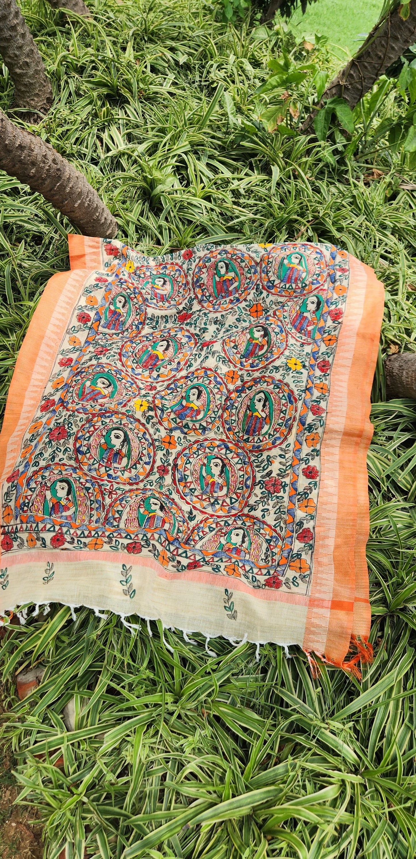 Orange dupatta handmade dupatta Indian gifts Madhubani dupatta officewear dupatta