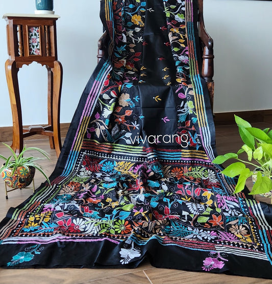 Birds kantha black saree kantha saree designer saree handmade saree Indian gifts saree for gifting