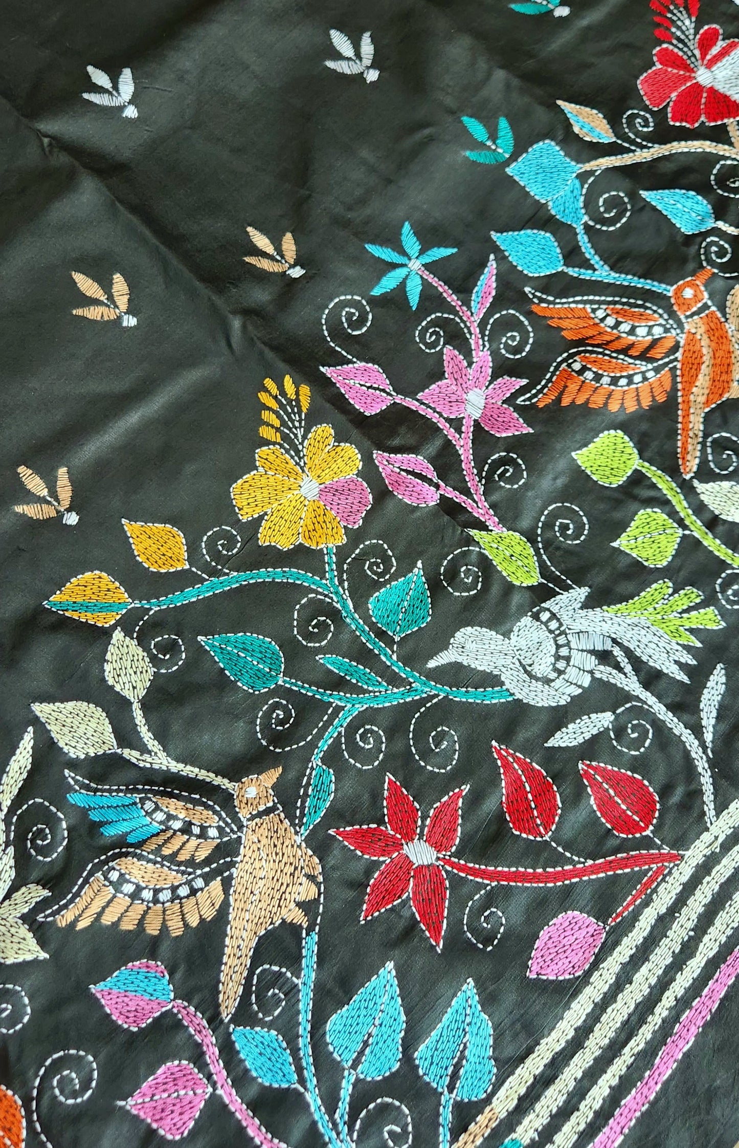 Birds kantha black saree kantha saree designer saree handmade saree Indian gifts saree for gifting