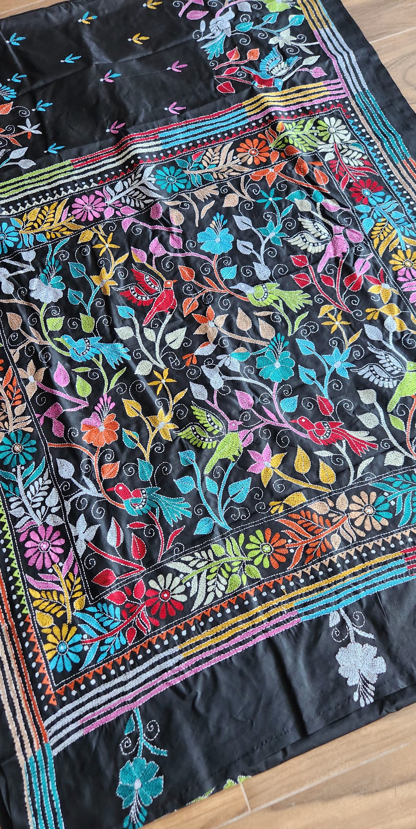 Birds kantha black saree kantha saree designer saree handmade saree Indian gifts saree for gifting