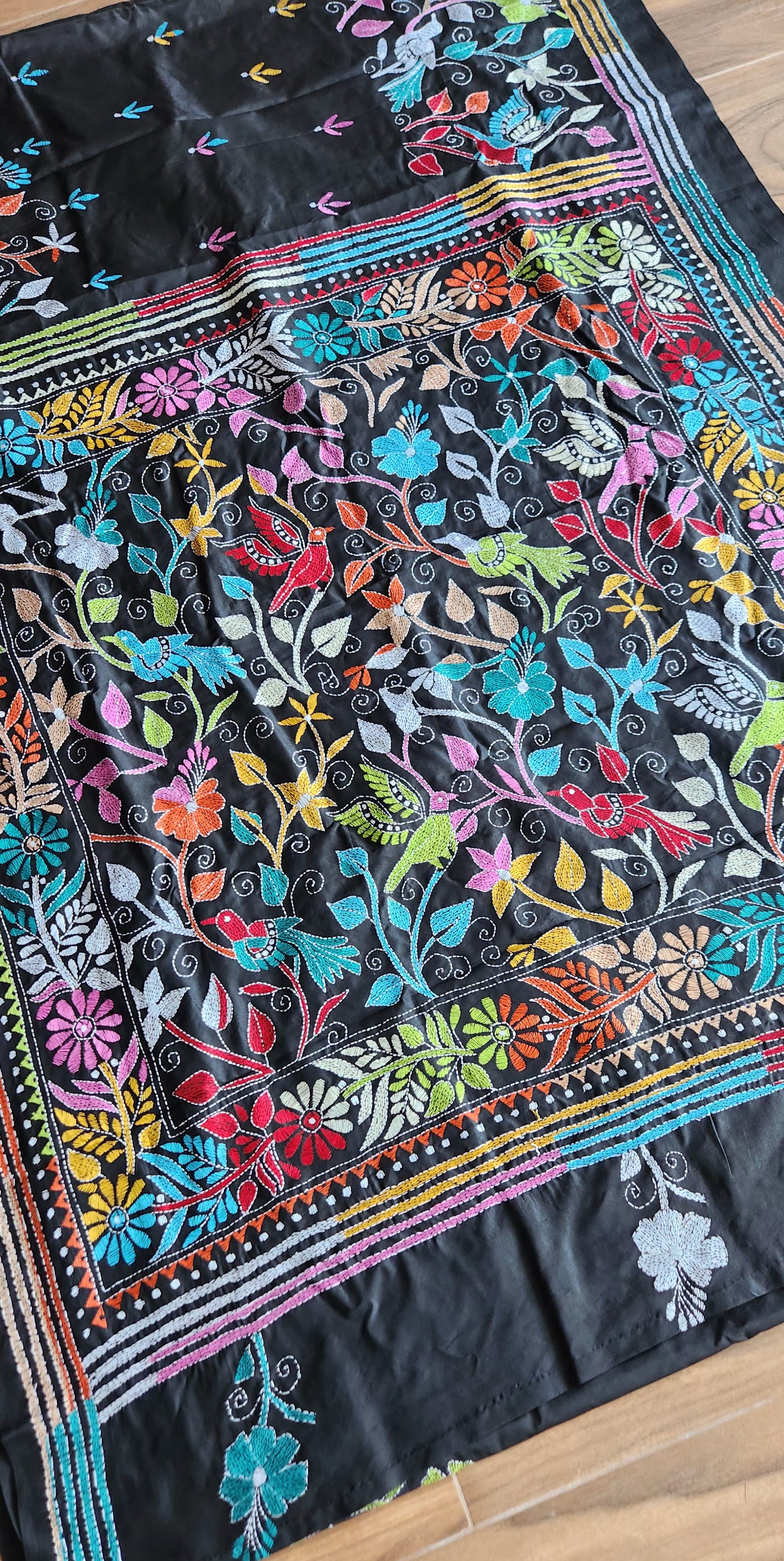 Birds kantha black saree kantha saree designer saree handmade saree Indian gifts saree for gifting