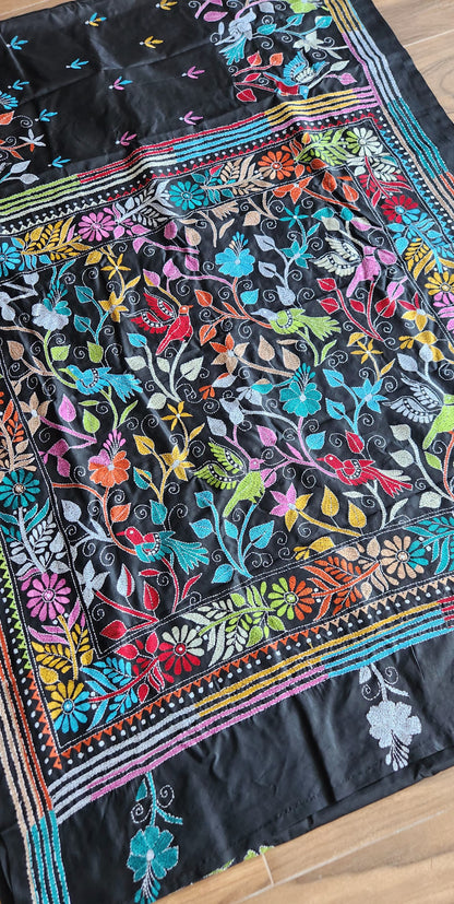 Birds kantha black saree kantha saree designer saree handmade saree Indian gifts saree for gifting