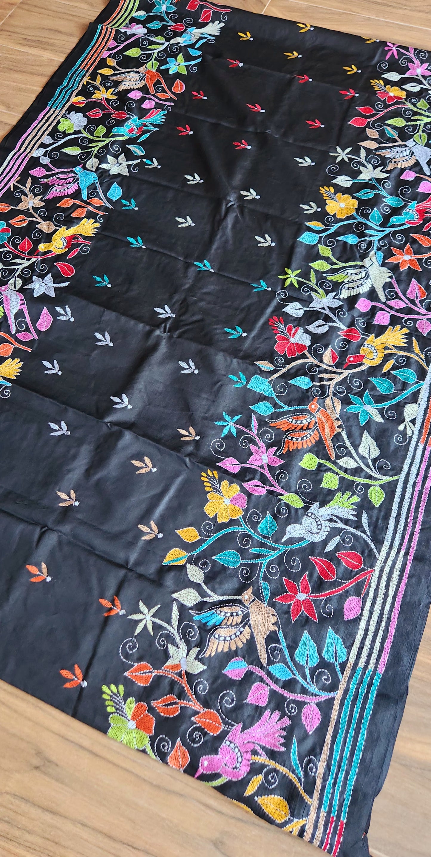 Birds kantha black saree kantha saree designer saree handmade saree Indian gifts saree for gifting
