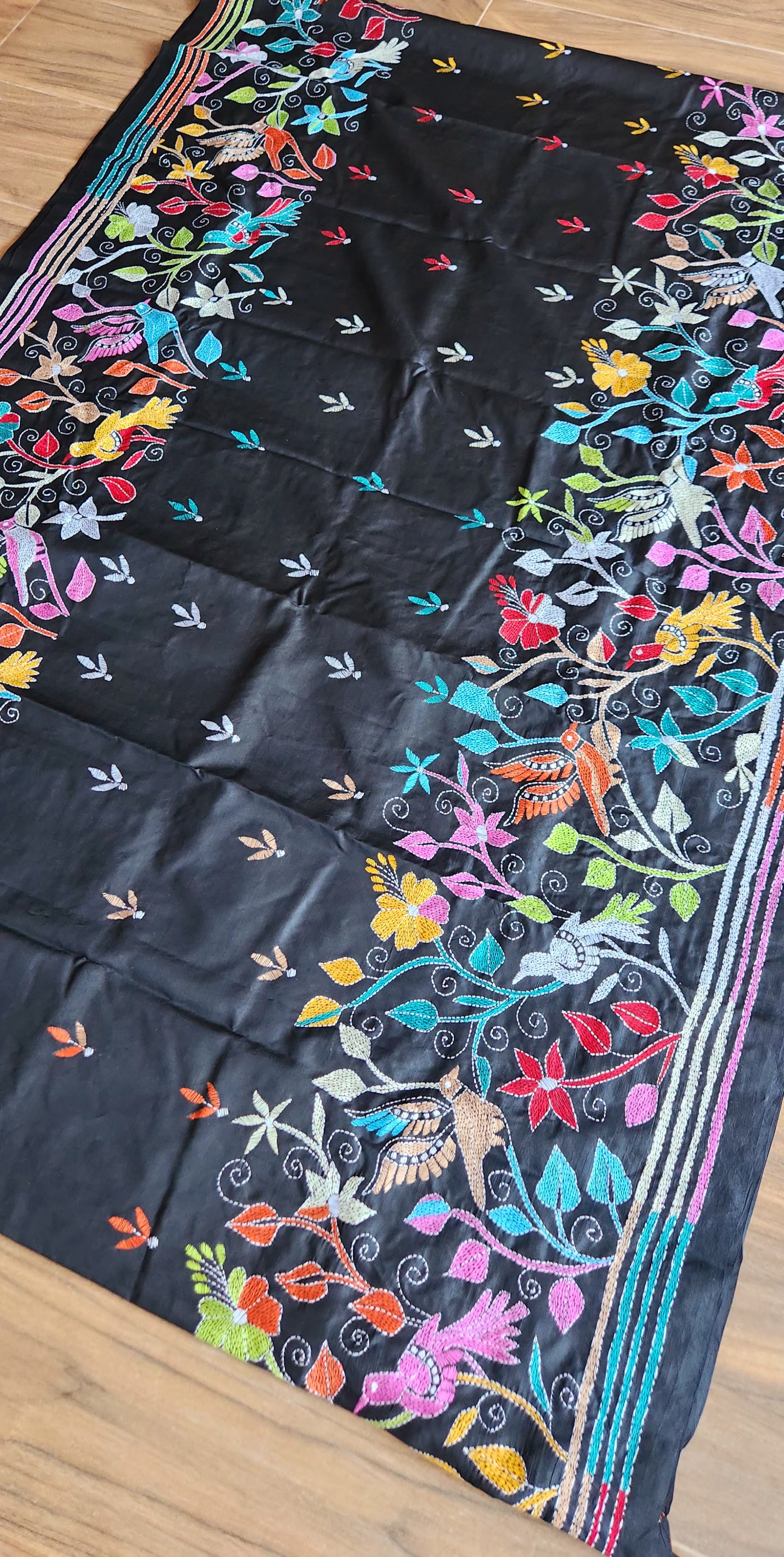 Birds kantha black saree kantha saree designer saree handmade saree Indian gifts saree for gifting