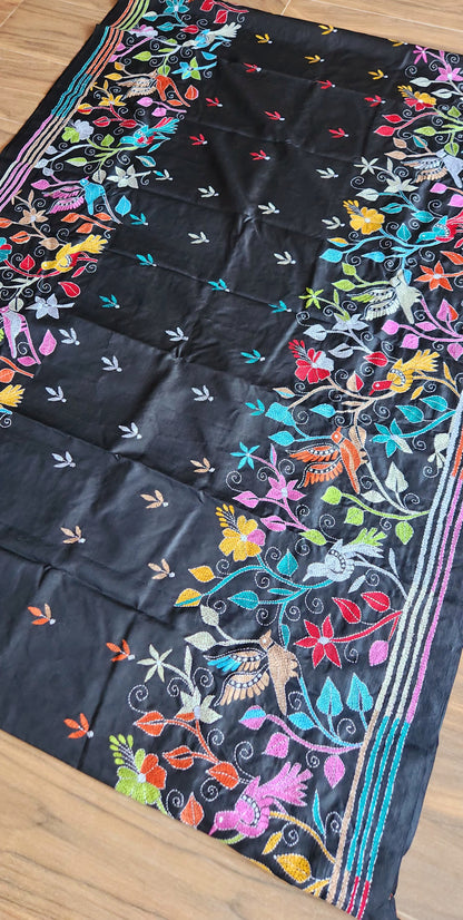 Birds kantha black saree kantha saree designer saree handmade saree Indian gifts saree for gifting