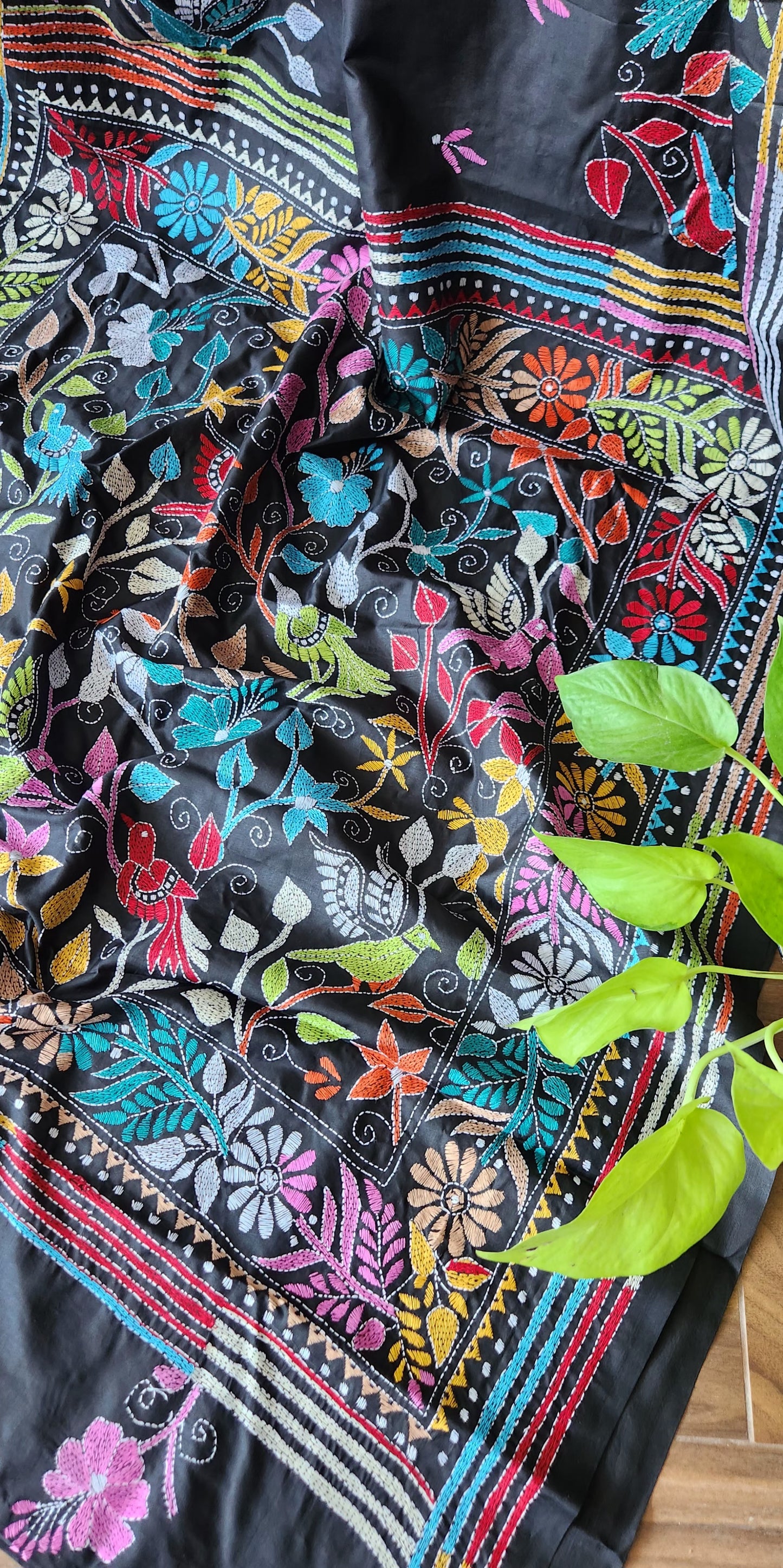 Birds kantha black saree kantha saree designer saree handmade saree Indian gifts saree for gifting