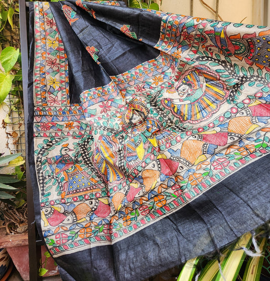 MADHUBANI SILK DUPATTA madhubanionlinemadhubanidupatta handpaintedgifts black silk dupatta