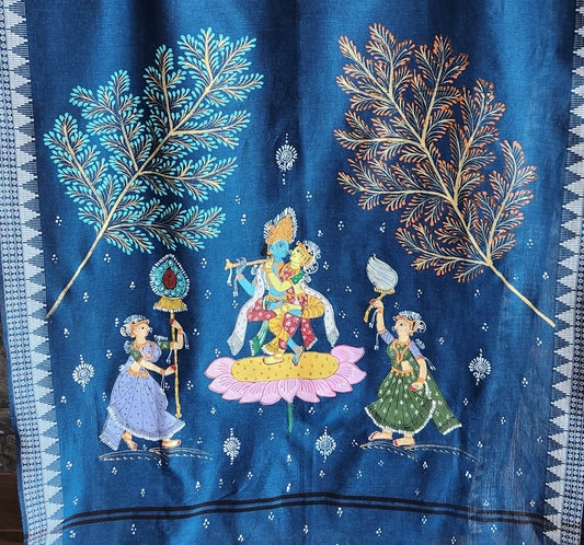 Blue dupatta Pattachitra dupatta cotton dupatta handmade dupatta for officewearI ndian  gifts handmade dupatta wedding shopping