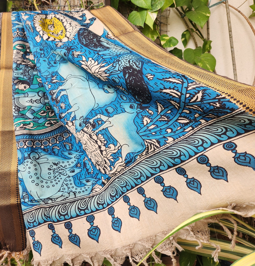 pen kalamkari silk dupatta blue dupatta Indian gifts rakhi gifts
