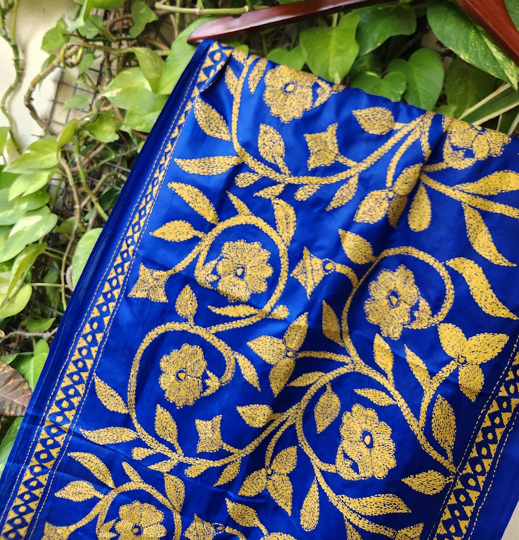 kantha stoles floral Indian gifts corporate gifts handmade slow fashion roses blue
