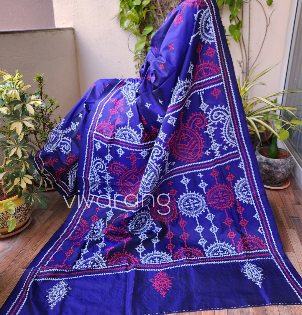 Blue silk saree handmade kutchwork saree kutchibharat
