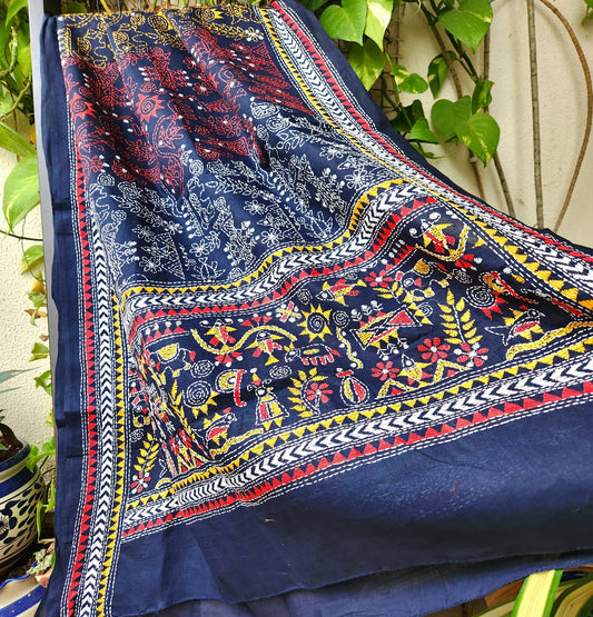 kantha cotton blue warli dupatta Indian gifts
