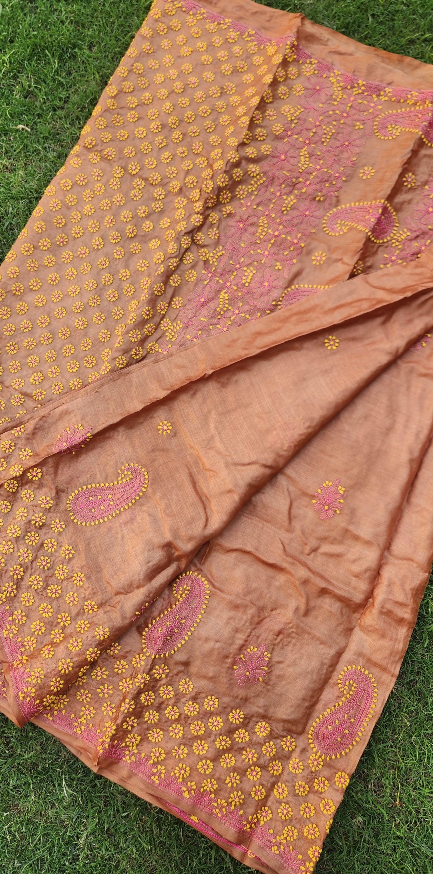 Chikankari saree silk saree orange saree wedding saree