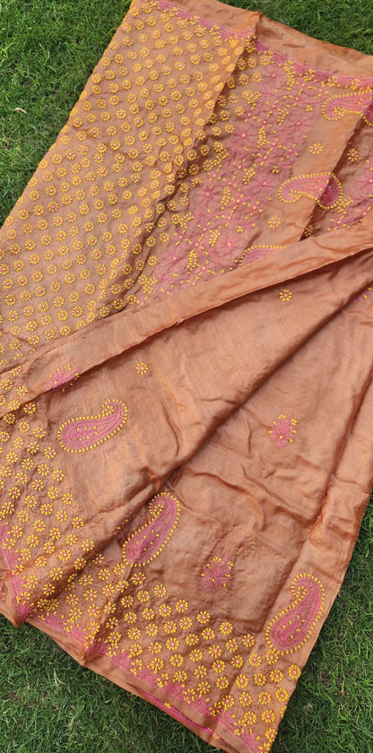 Chikankari saree silk saree orange saree wedding saree