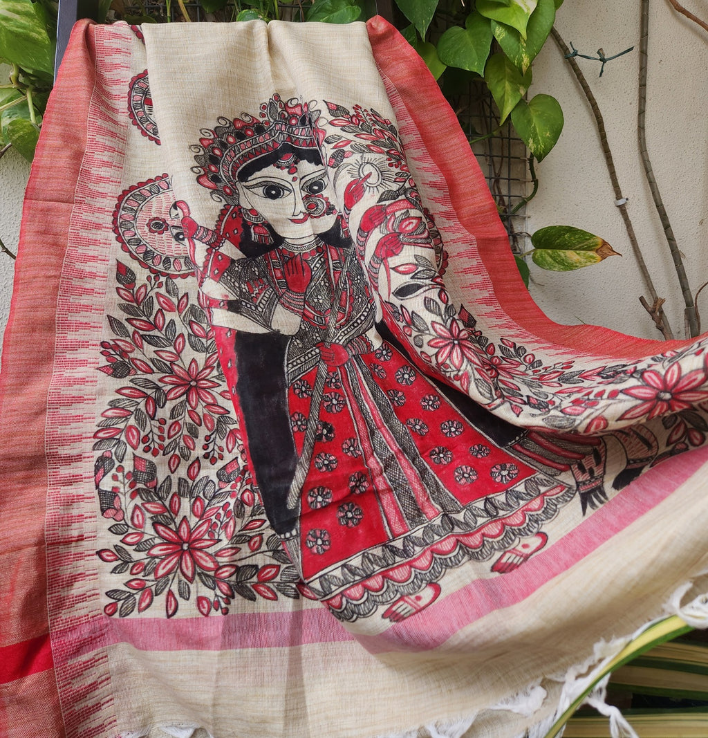 durga ji pujo shopping madhubani dupatta Red dupatta durga dupatta handmade gifts