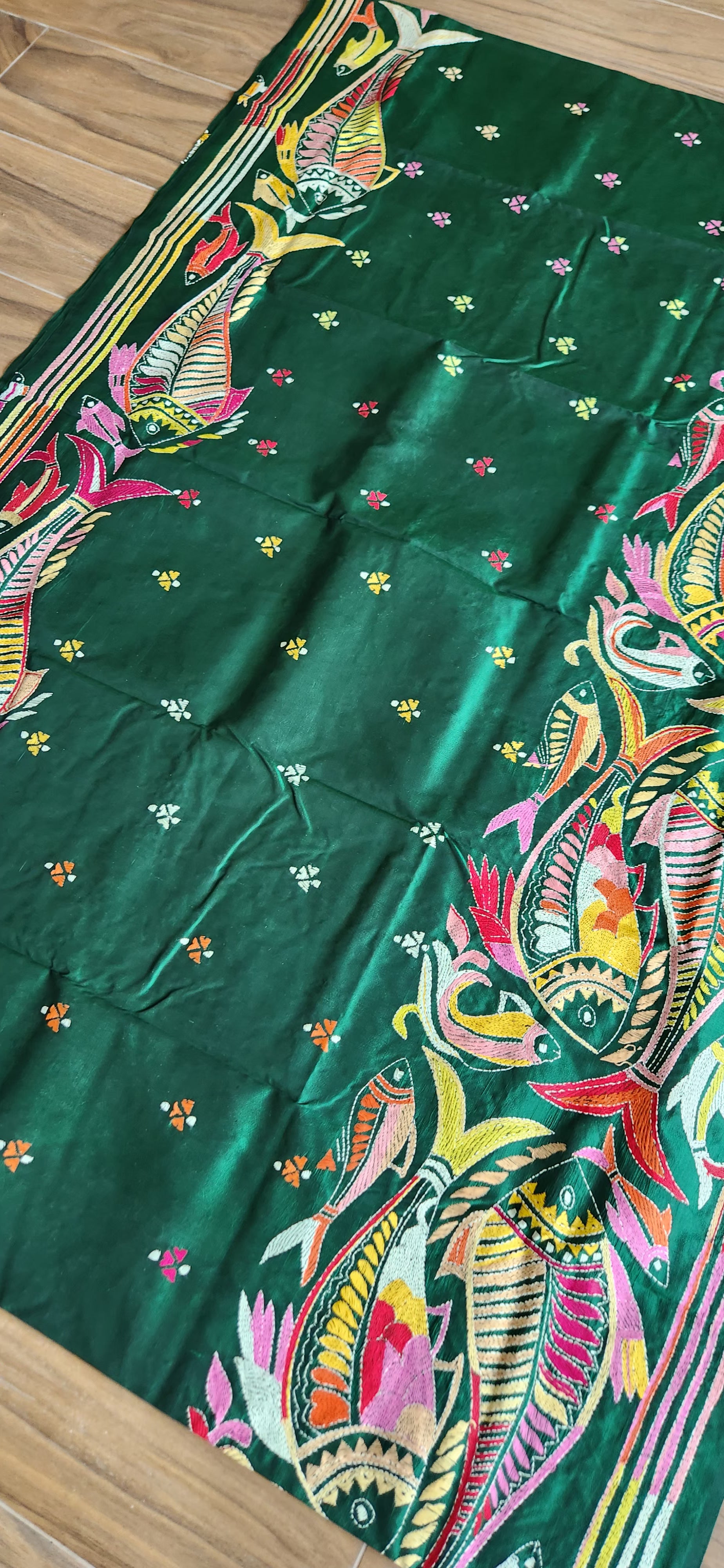 Fish kantha green saree kantha saree silk saree designer saree saree for gifting mehndi function saree hand embroidered saree