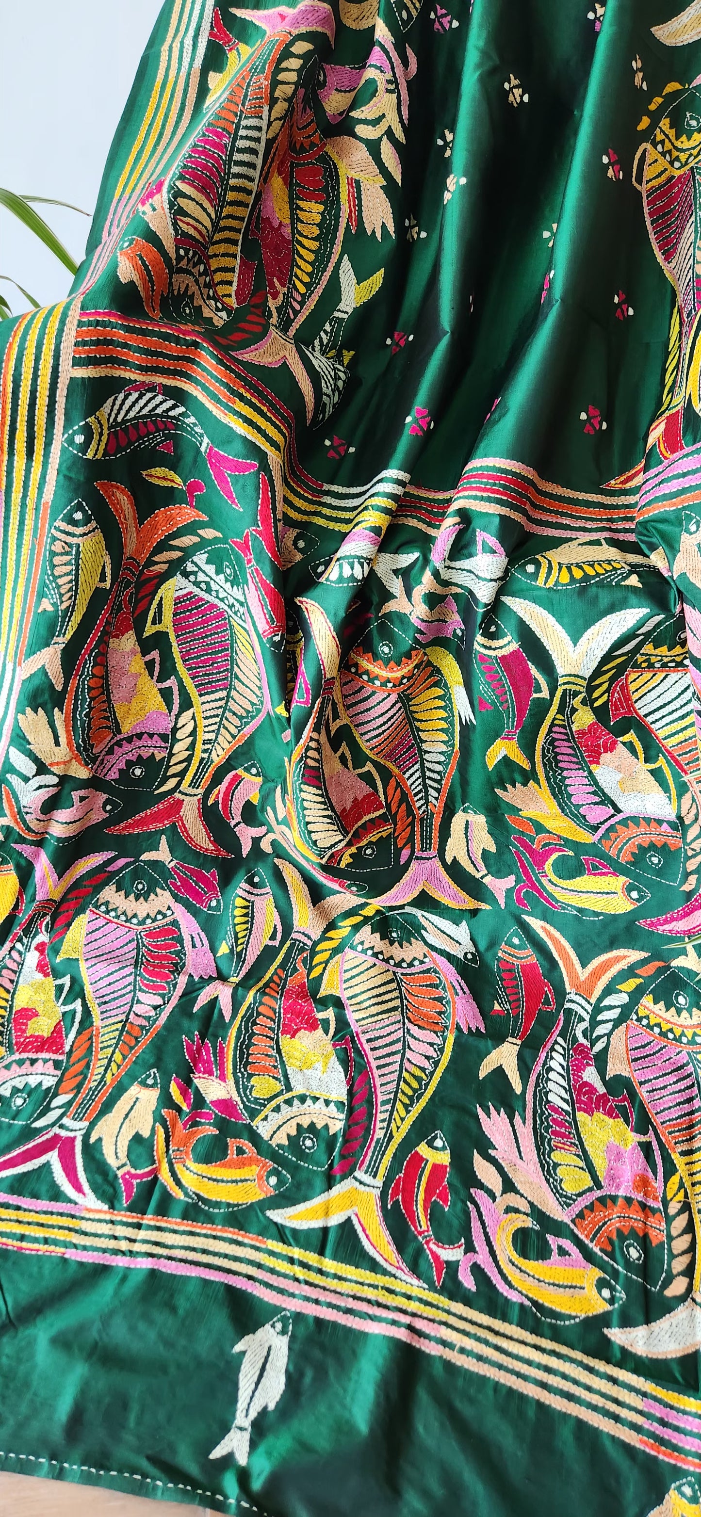 Fish kantha green saree kantha saree silk saree designer saree saree for gifting mehndi function saree hand embroidered saree