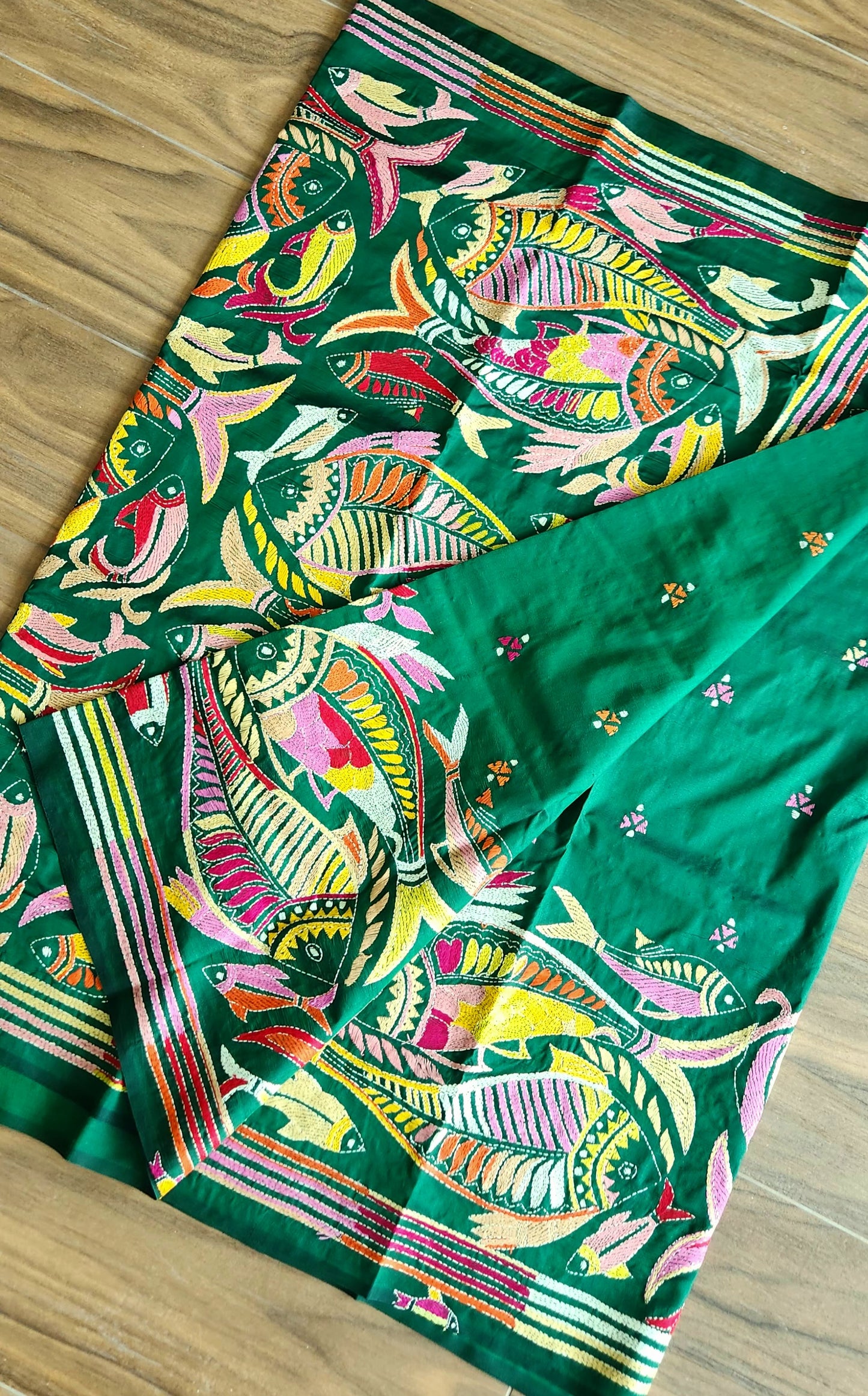 Fish kantha green saree kantha saree silk saree designer saree saree for gifting mehndi function saree hand embroidered saree