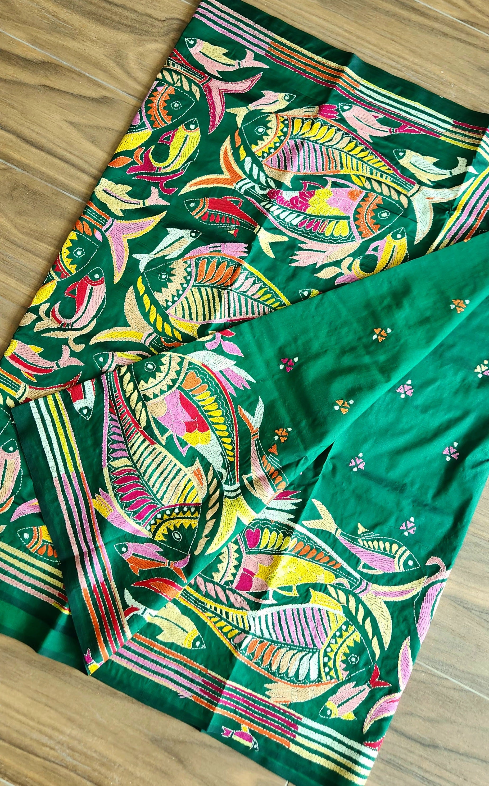 Fish kantha green saree kantha saree silk saree designer saree saree for gifting mehndi function saree hand embroidered saree