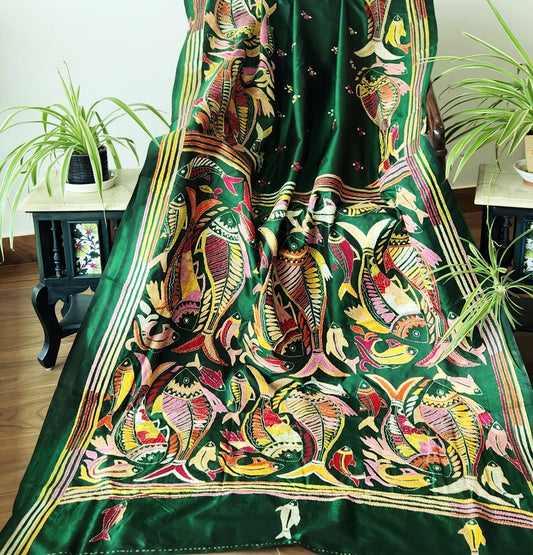 Fish kantha green saree kantha saree silk saree designer saree saree for gifting mehndi function saree hand embroidered saree