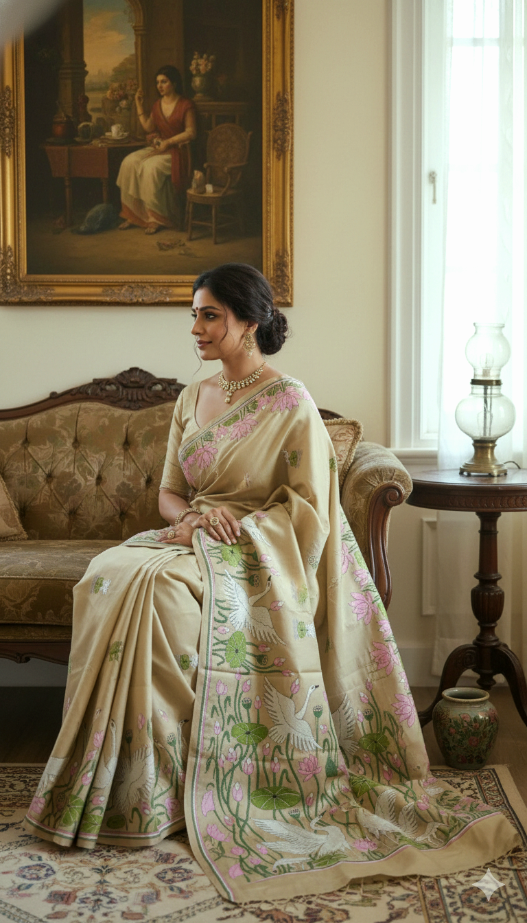 DESIGNER KANTHA SAREE  -Swan Pond