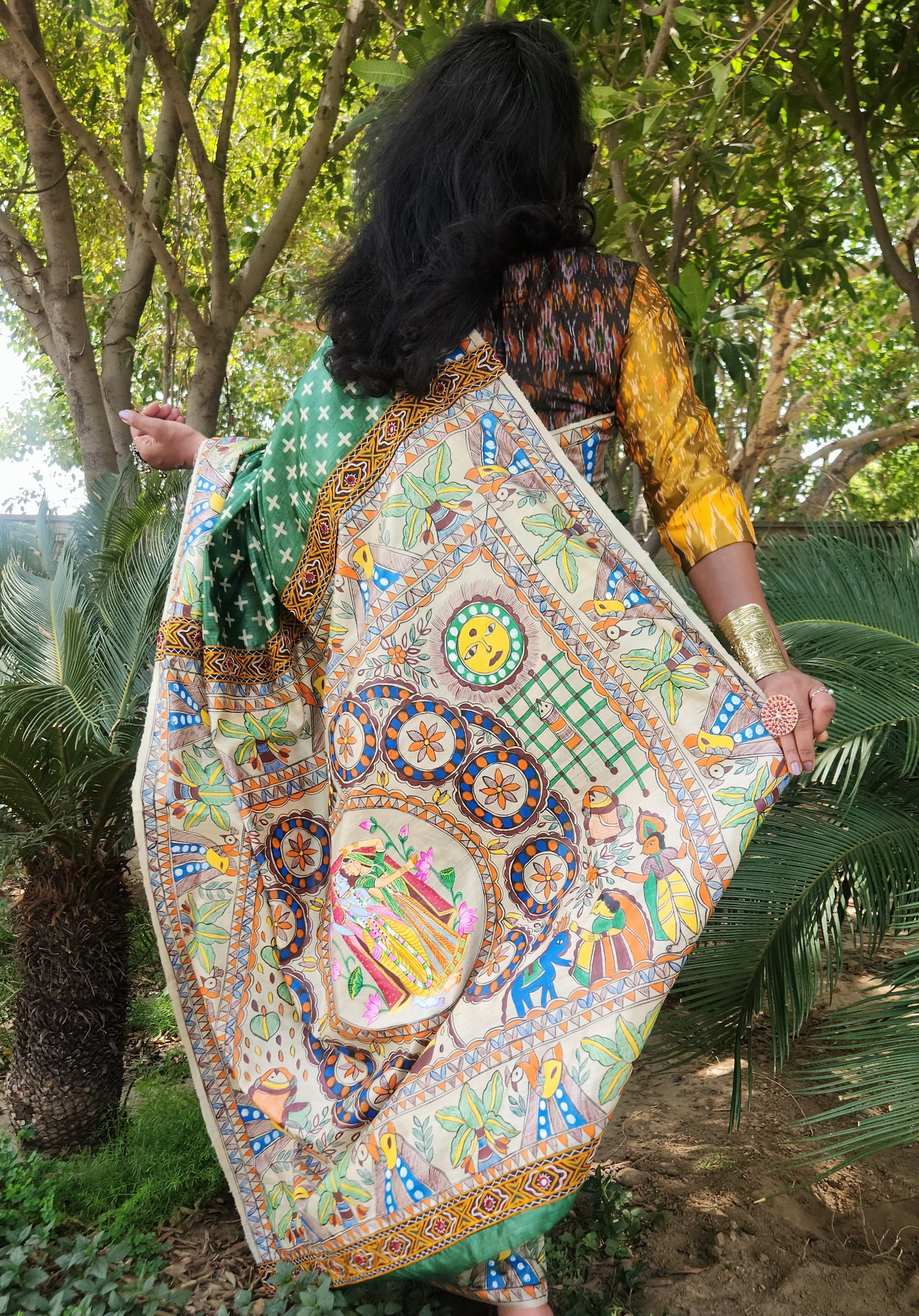 Green saree saree for Mehndi function Essence of India saree Pichwai saree Madhubani saree silk saree handmade saree