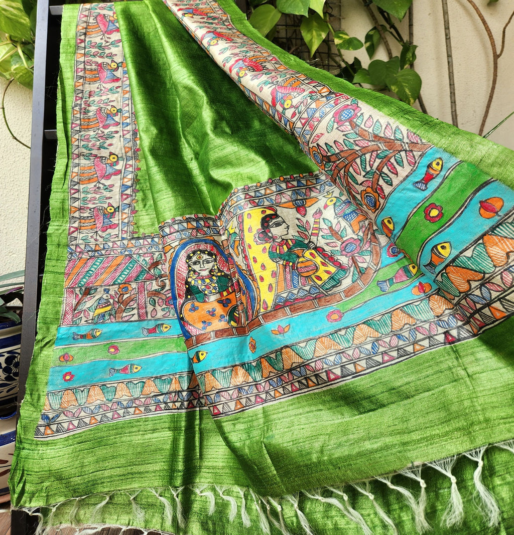 MADHUBANI SILK DUPATTA madhubanionlinemadhubanidupatta handpaintedgifts green dupatta wedding Radha mehndi outfit