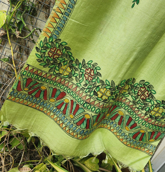 Madhubani stole Indian gfits Handmade gifts green mehndi look