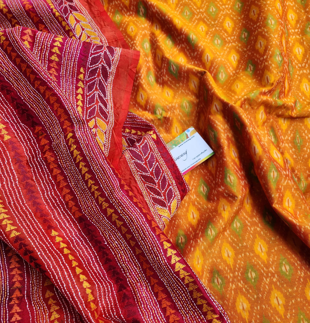 Haldi Mehndi outfit Ikat kurti piece kantha dupatta SICO Officewear gift ideas yellow green handmade handloom