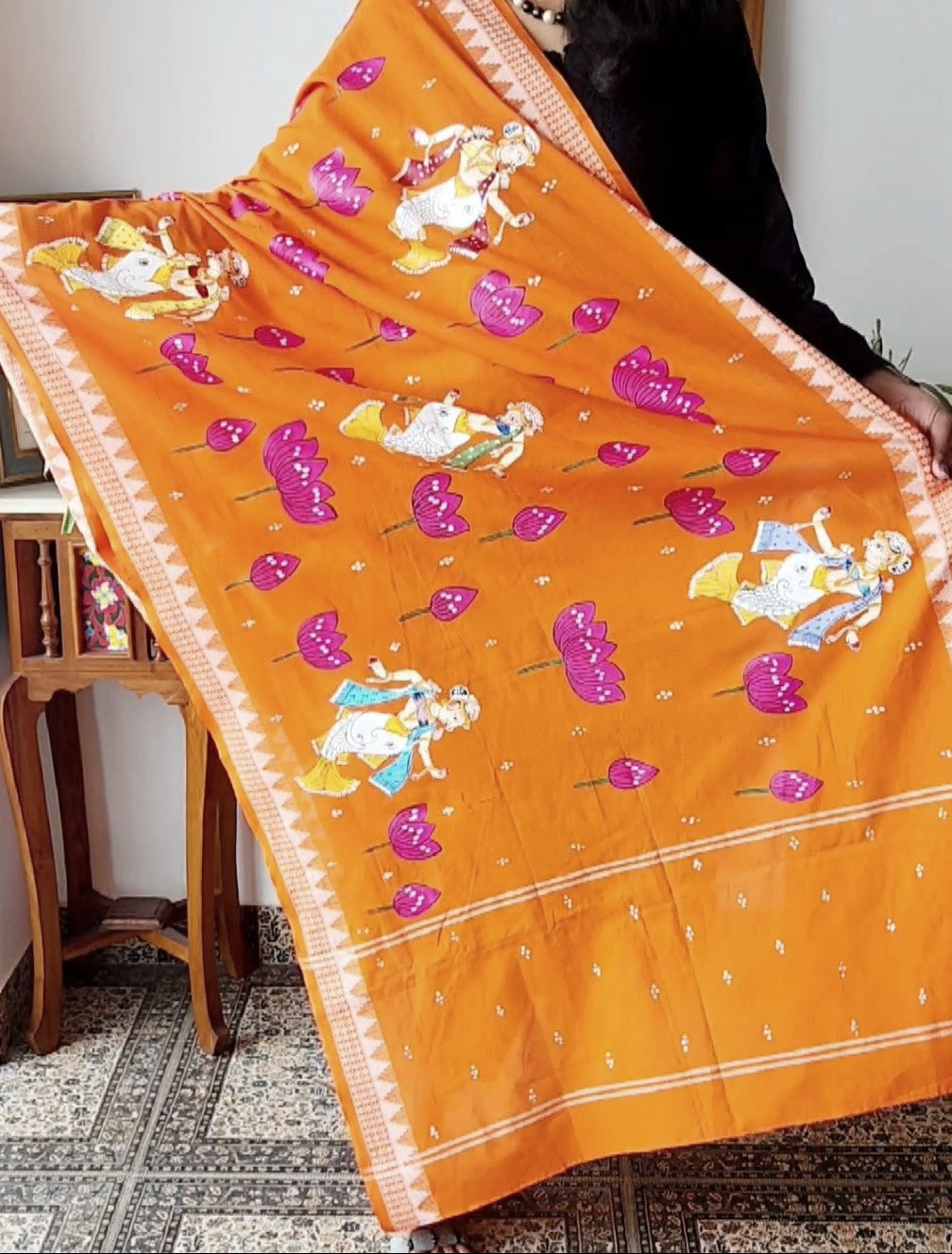 Pattachitra dupatta cotton dupatta Orange dupatta Indian gifts iTokri