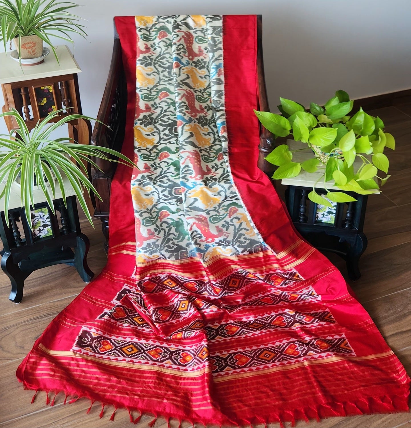 Ikat saree silk saree JUngle book saree animals saree red saree designer saree