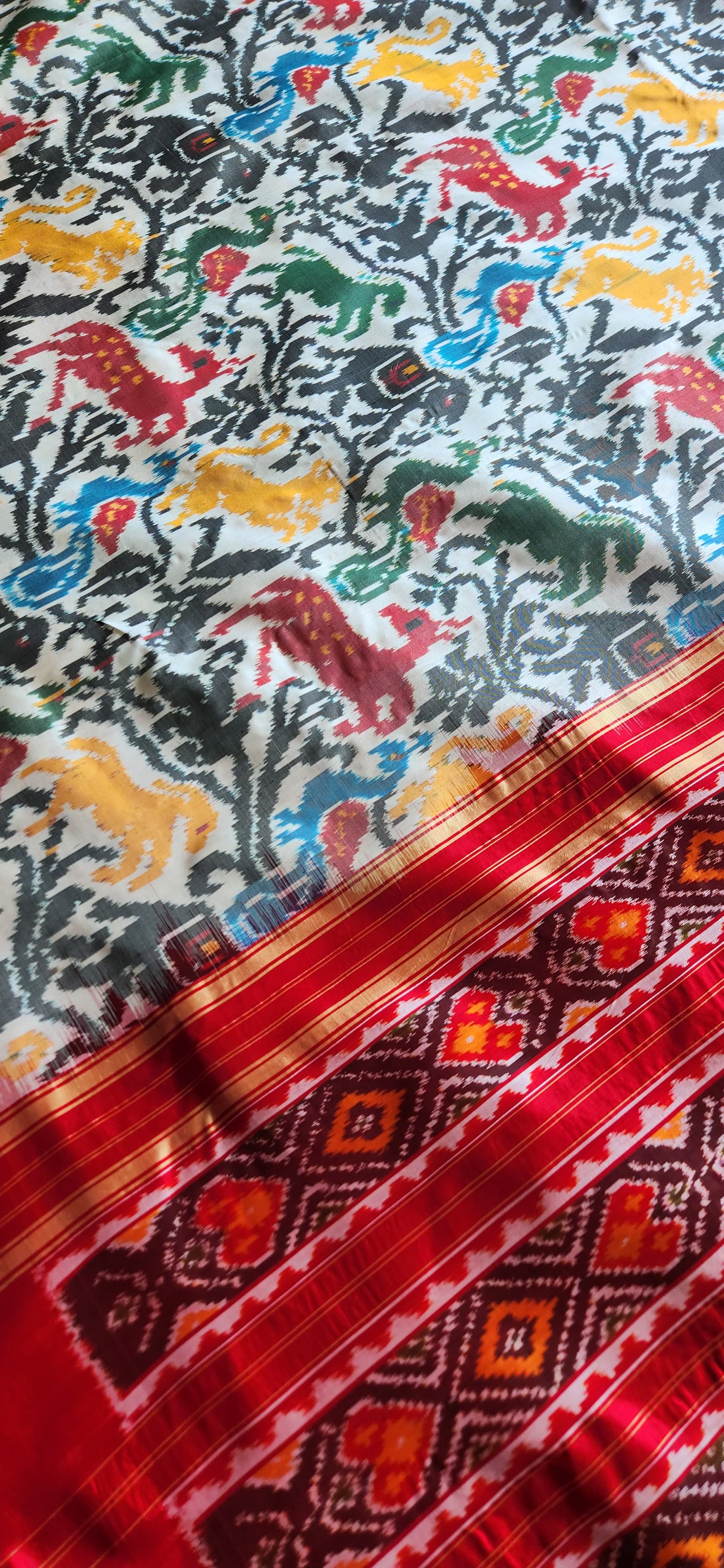 Ikat saree silk saree JUngle book saree animals saree red saree designer saree