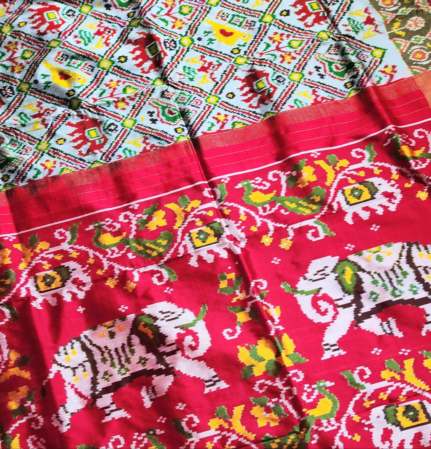 IKAT SILK SAREE wedding shopping Red green saree auspicious look Jungle book saree gajja elephants