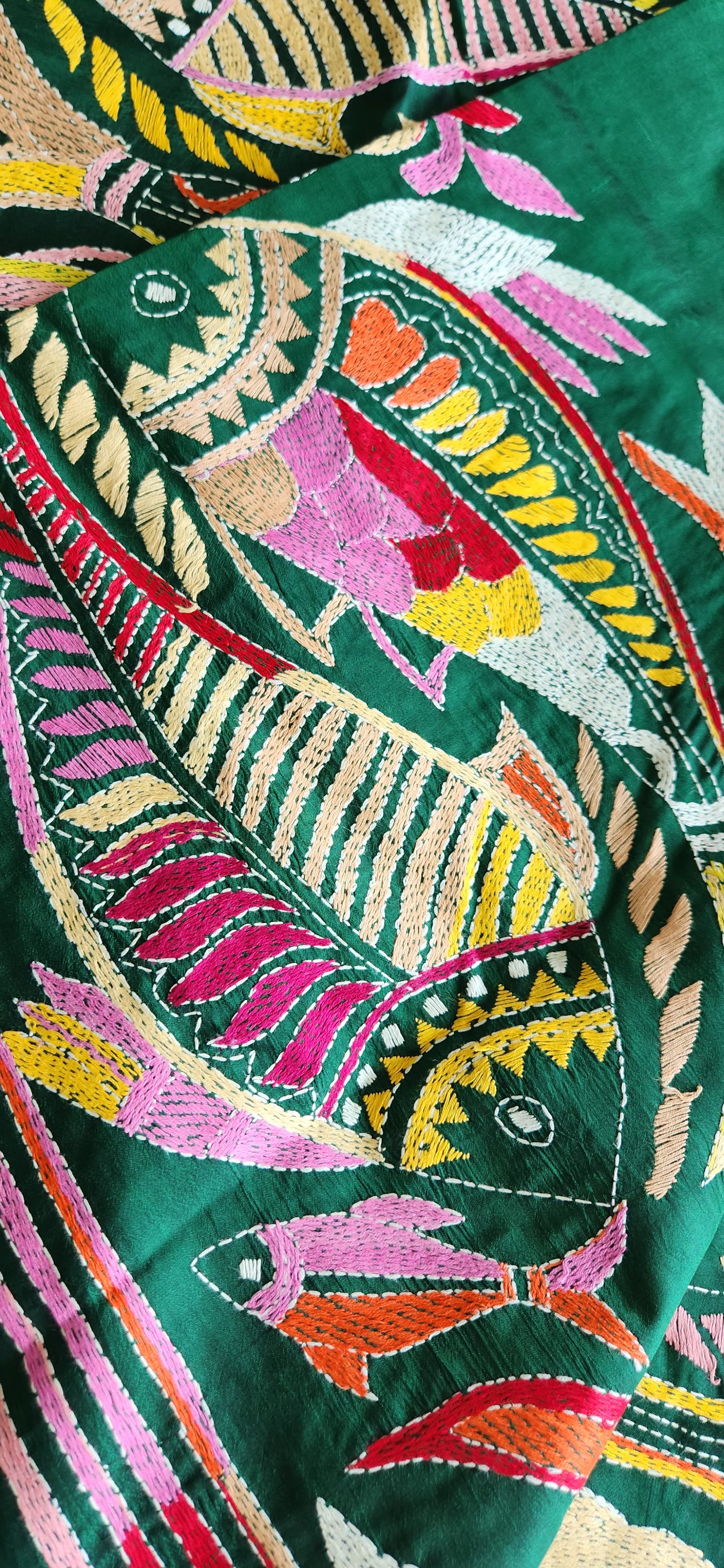 Fish kantha green saree kantha saree silk saree designer saree saree for gifting mehndi function saree hand embroidered saree