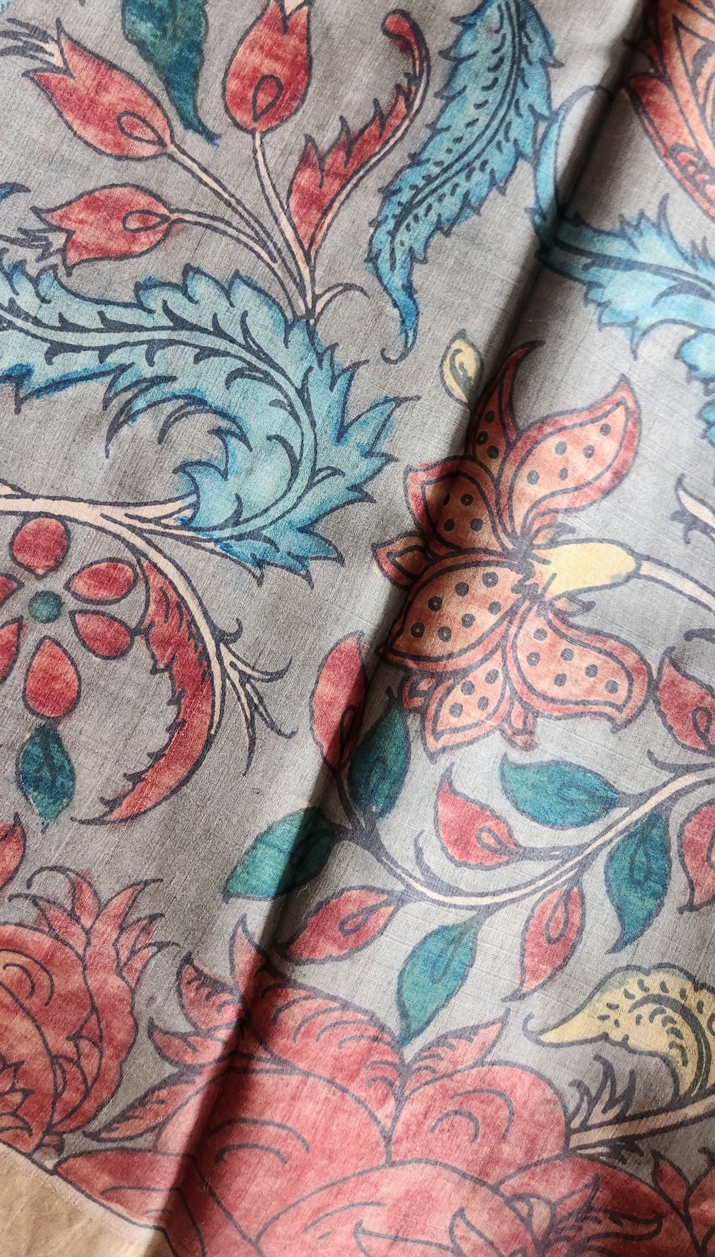 Pen kalamkari saree Village life saree tussar saree designer saree handmade saree Grey saree villega theme saree