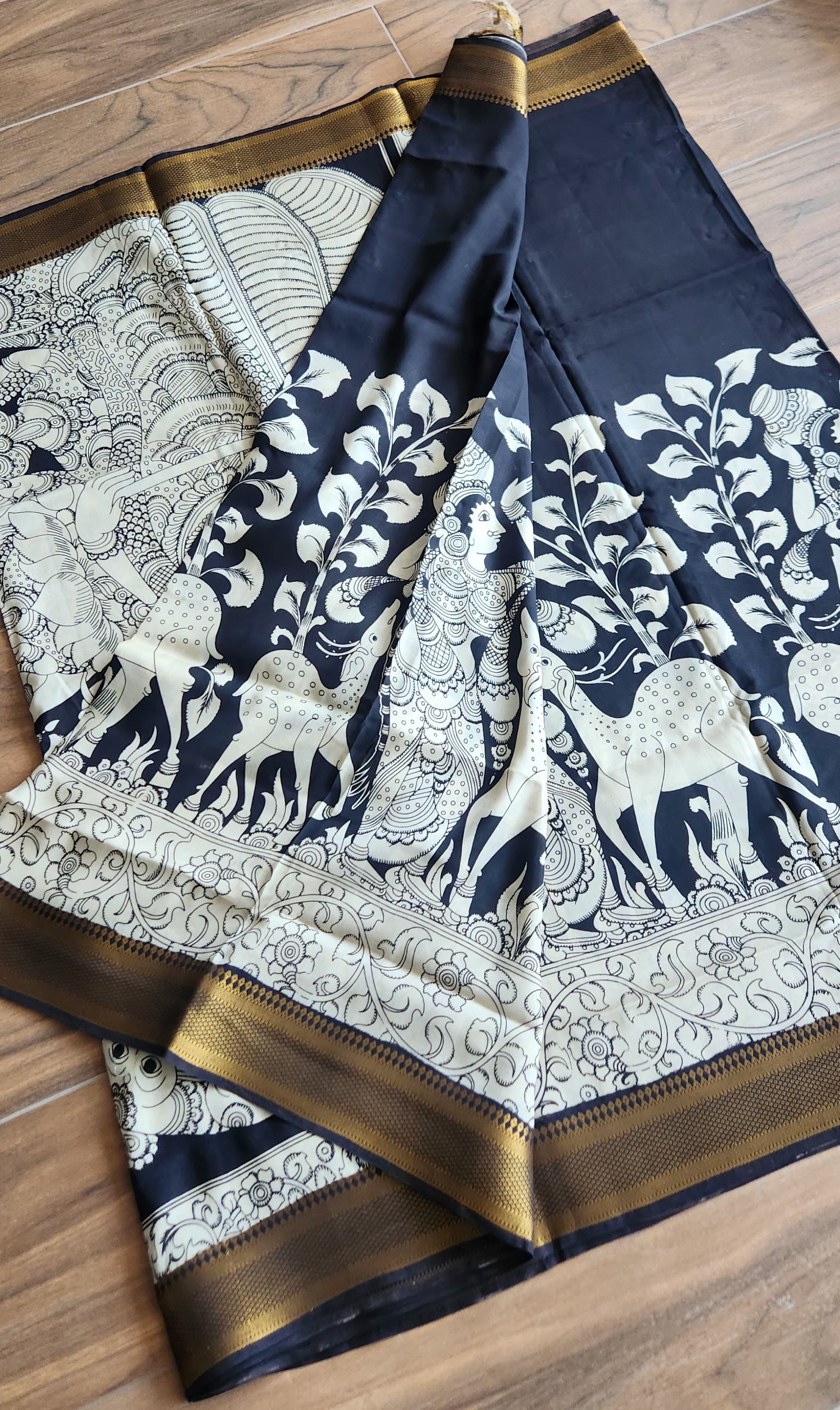 Pen kalamkari saree black and white saree saree for office saree for gifting